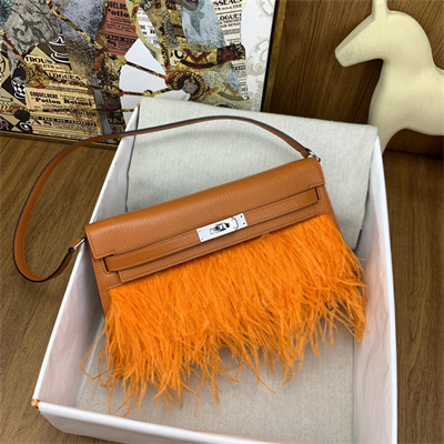 Kelly Elan Bag Goatskin Leather With Ostrich Feather Silver Tone Metal In Orange HS