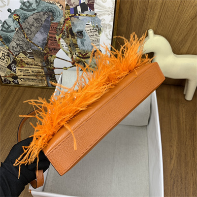 Kelly Elan Bag Goatskin Leather With Ostrich Feather Silver Tone Metal In Orange HS