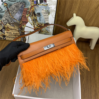 Kelly Elan Bag Goatskin Leather With Ostrich Feather Silver Tone Metal In Orange HS