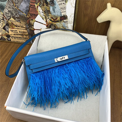 Kelly Elan Bag Goatskin Leather With Ostrich Feather Silver Tone Metal In Blue Frida HS