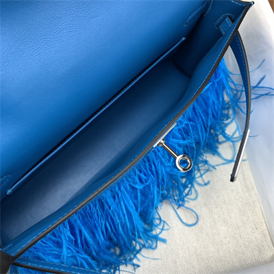 Kelly Elan Bag Goatskin Leather With Ostrich Feather Silver Tone Metal In Blue Frida HS