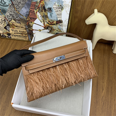 Kelly Elan Bag Goatskin Leather With Ostrich Feather Silver Tone Metal In Gold HS