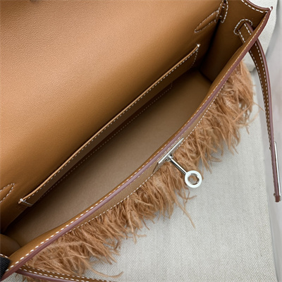 Kelly Elan Bag Goatskin Leather With Ostrich Feather Silver Tone Metal In Gold HS