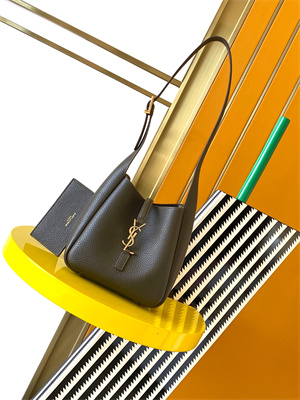 Y.S.L LE 5 A 7 Mini HOBO BAG In Kaki Green Grained Calfskin Leather