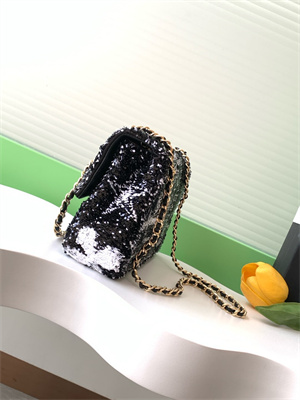 Cha.nel Flap Bag Sequins & Gold-Tone Metal Black/White AS4561