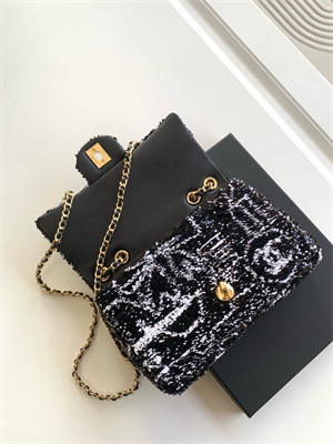 Cha.nel Flap Bag Sequins & Gold-Tone Metal Black/White AS4561