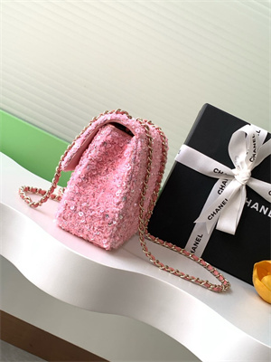 Cha.nel Mini Classic Handbag Sequins and Gold Tone Metal Pink A69900