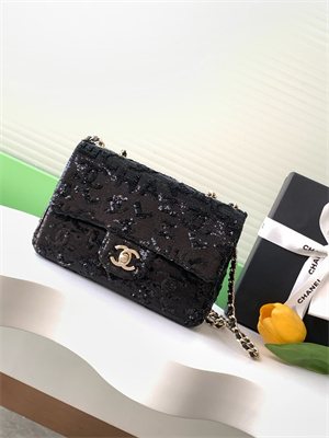 Cha.nel Mini Classic Handbag Sequins and Gold Tone Metal Black A69900