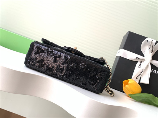 Cha.nel Mini Classic Handbag Sequins and Gold Tone Metal Black A69900