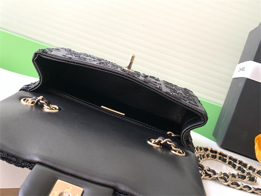 Cha.nel Mini Classic Handbag Sequins and Gold Tone Metal Black A69900