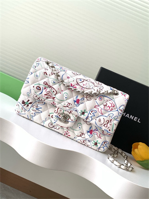 Cha.nel Medium Classic Flap Bag Colorful Canvas Silver Tone Metal  White 01112