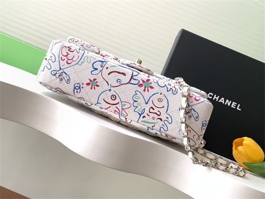 Cha.nel Medium Classic Flap Bag Colorful Canvas Silver Tone Metal  White 01112