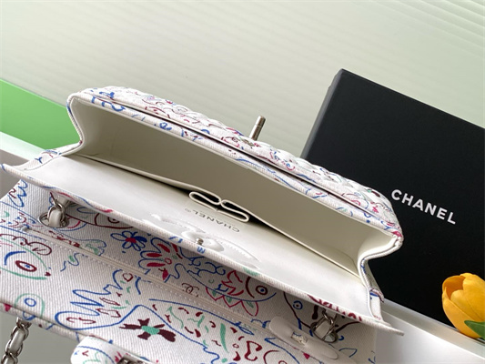 Cha.nel Medium Classic Flap Bag Colorful Canvas Silver Tone Metal  White 01112
