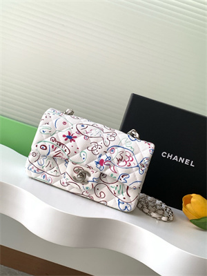 Cha.nel Mini Classic Flap Bag Colorful Canvas Silver Tone Metal White 01116