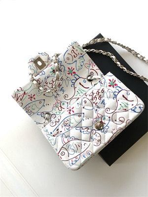 Cha.nel Mini Classic Flap Bag Colorful Canvas Silver Tone Metal White 01116