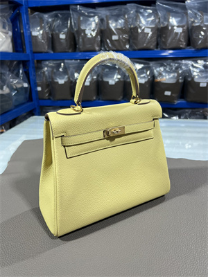 Kelly Retourne Bag Togo Leather 25/28CM Gold/Silver Hardware In Jaune Poussin Color HS