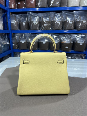 Kelly Retourne Bag Togo Leather 25/28CM Gold/Silver Hardware In Jaune Poussin Color HS