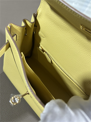 Kelly Retourne Bag Togo Leather 25/28CM Gold/Silver Hardware In Jaune Poussin Color HS