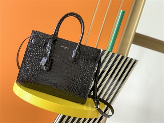 Y.S.L SAC DE JOUR BABY In Black Corcodile Embossed Leather Silver Tone Metal