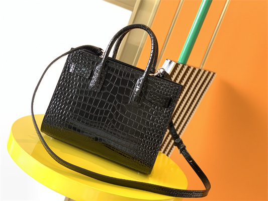 Y.S.L SAC DE JOUR NANO In Black Crocodile Embossed Leather Silver Tone Metal