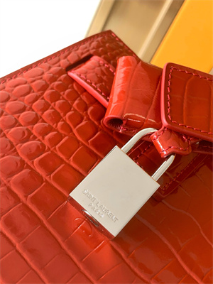 Y.S.L SAC DE JOUR NANO In Red Crocodile Embossed Leather Silver Tone Metal