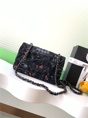 Cha.nel Mini Classic Flap Bag Colorful Canvas Silver Tone Metal Black 01116