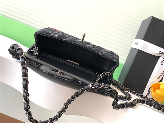 Cha.nel Mini Classic Flap Bag Colorful Canvas Silver Tone Metal Black 01116