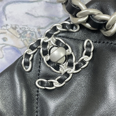 Cha.nel 19 Shopping Bag Lambskin Silver Tone Metal Black AS3660