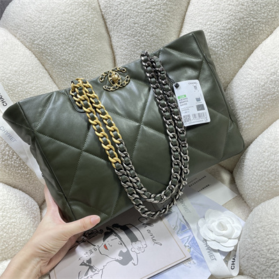 Cha.nel 19 Shopping Bag Lambskin Gold Tone Metal Kahki Green AS3660