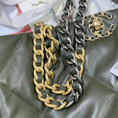 Cha.nel 19 Shopping Bag Lambskin Gold Tone Metal Kahki Green AS3660