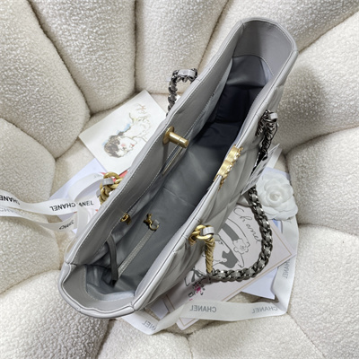 Cha.nel 19 Shopping Bag Lambskin Gold Tone Metal Lt Grey AS3660