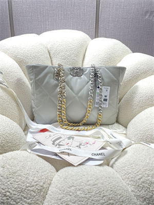 Cha.nel 19 Shopping Bag Lambskin Silver Tone Metal Grey AS3660