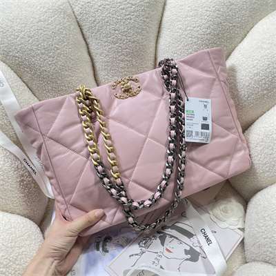 Cha.nel 19 Shopping Bag Lambskin Gold Tone Metal Pink AS3660