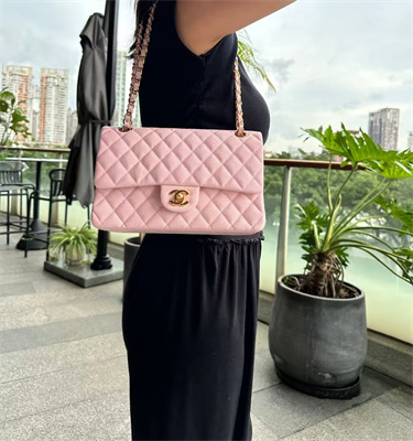 Chanel Medium Classic Flap Bag Grained Calfskin Gold Tone Metal Pink 01112
