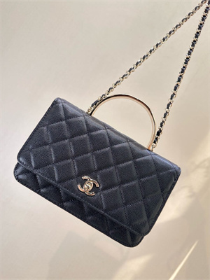 Chanel Wallet On Chain With Enamel Top Handle Grained Calfskin Gold Tone Metal Black 4853