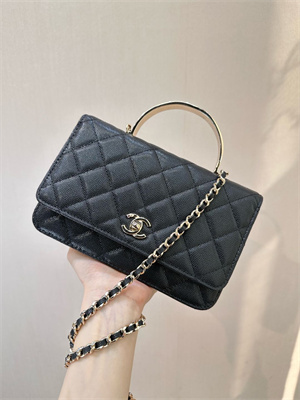 Chanel Wallet On Chain With Enamel Top Handle Grained Calfskin Gold Tone Metal Black 4853