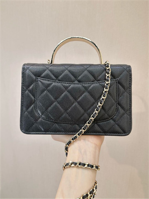 Chanel Wallet On Chain With Enamel Top Handle Grained Calfskin Gold Tone Metal Black 4853