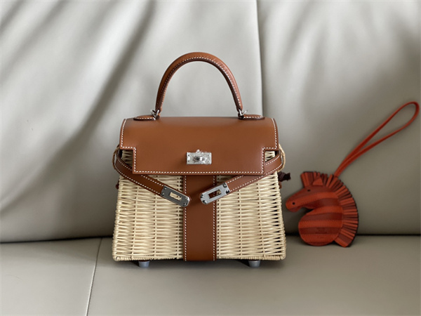 Kelly Mini Picnic Bag 20 Swift Leather Wicker Silver Tone Hardware Brown Color HS