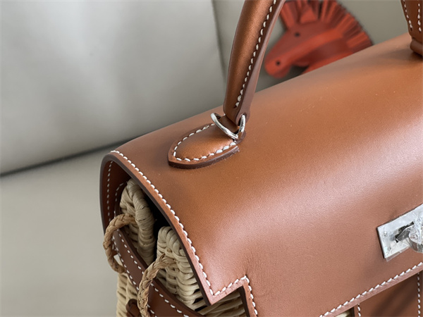 Kelly Mini Picnic Bag 20 Swift Leather Wicker Silver Tone Hardware Brown Color HS