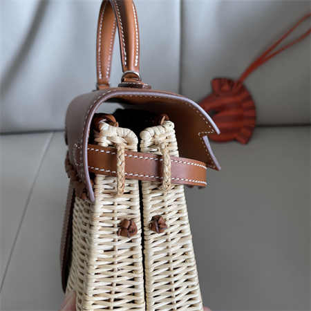 Kelly Mini Picnic Bag 20 Swift Leather Wicker Silver Tone Hardware Brown Color HS