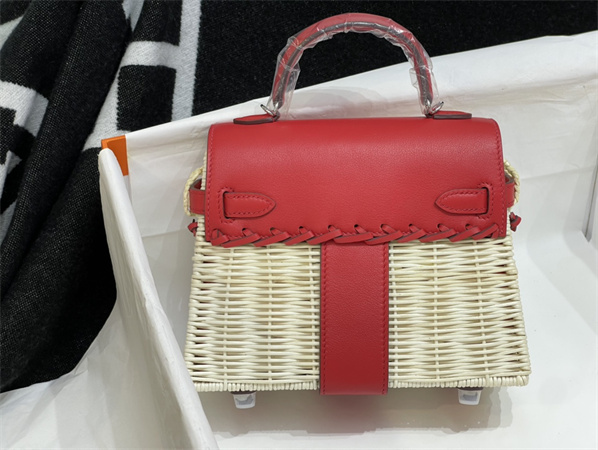 Kelly Mini Picnic Bag 20 Swift Leather Wicker Silver Tone Hardware Red Color HS