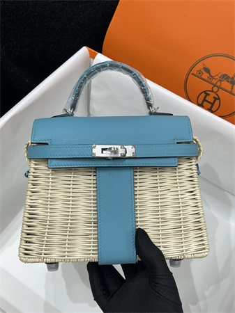 Kelly Mini Picnic Bag 20 Swift Leather Wicker Silver Tone Hardware Blue Color HS