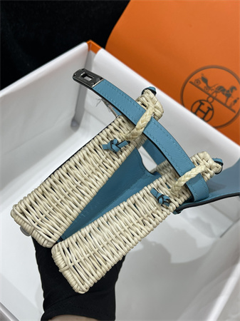 Kelly Mini Picnic Bag 20 Swift Leather Wicker Silver Tone Hardware Blue Color HS