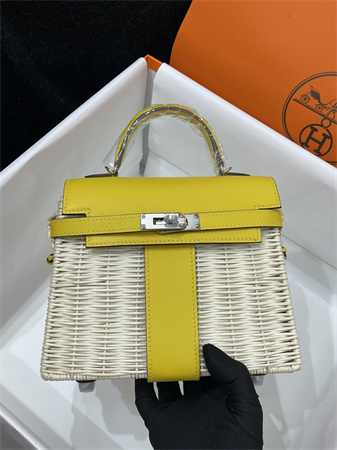 Kelly Mini Picnic Bag 20 Swift Leather Wicker Silver Tone Hardware Yellow Color HS