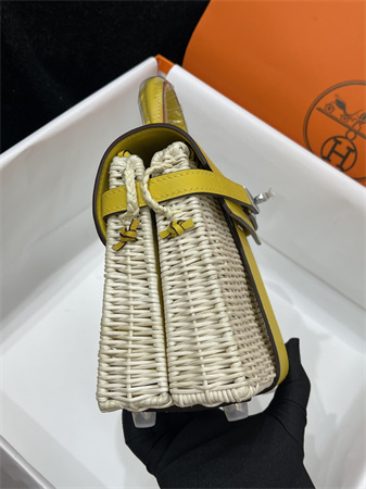 Kelly Mini Picnic Bag 20 Swift Leather Wicker Silver Tone Hardware Yellow Color HS