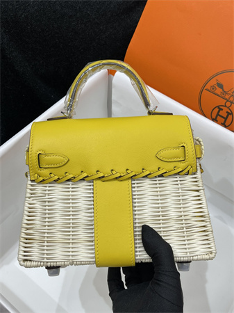 Kelly Mini Picnic Bag 20 Swift Leather Wicker Silver Tone Hardware Yellow Color HS