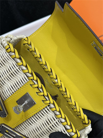 Kelly Mini Picnic Bag 20 Swift Leather Wicker Silver Tone Hardware Yellow Color HS