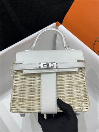 Kelly Mini Picnic Bag 20 Swift Leather Wicker Silver Tone Hardware White Color HS