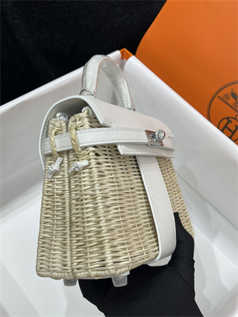 Kelly Mini Picnic Bag 20 Swift Leather Wicker Silver Tone Hardware White Color HS