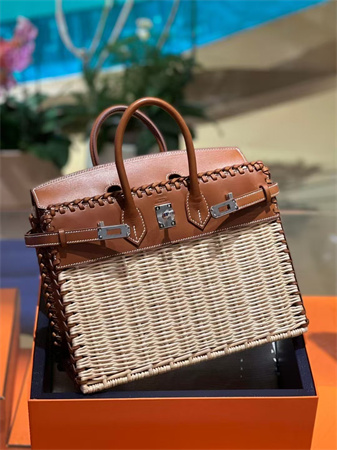 Bir.kin Picnic bag 25 Swift Leather Wicker Silver Tone Hardware Brown HS